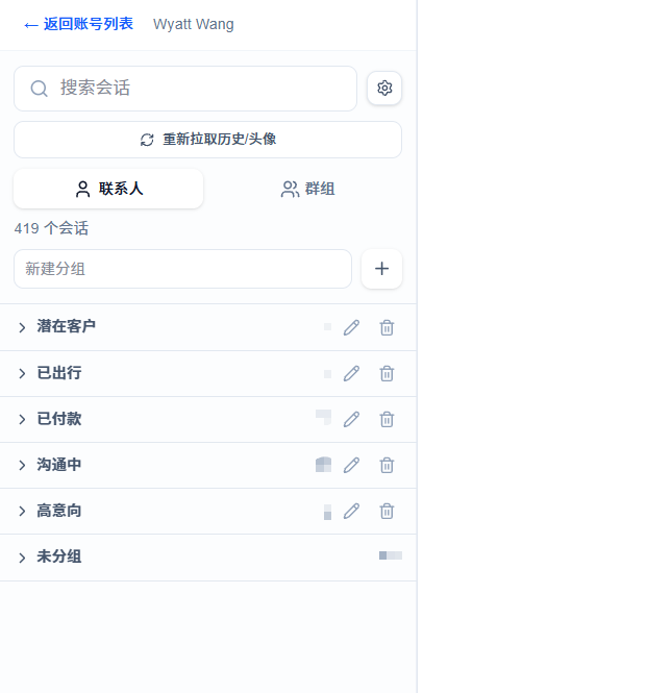 客户会话分组界面截图：潜在客户、已出行、已付款、沟通中与高意向
