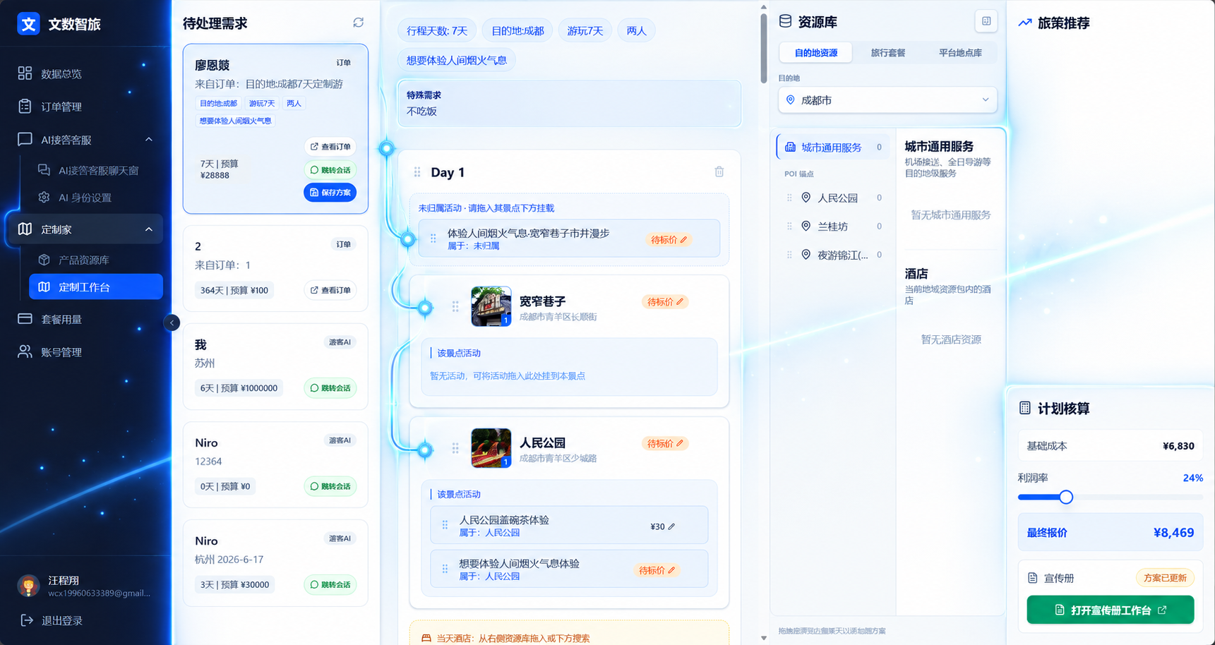 可视化行程编排工作台，叠加 AI 路线节点与光效