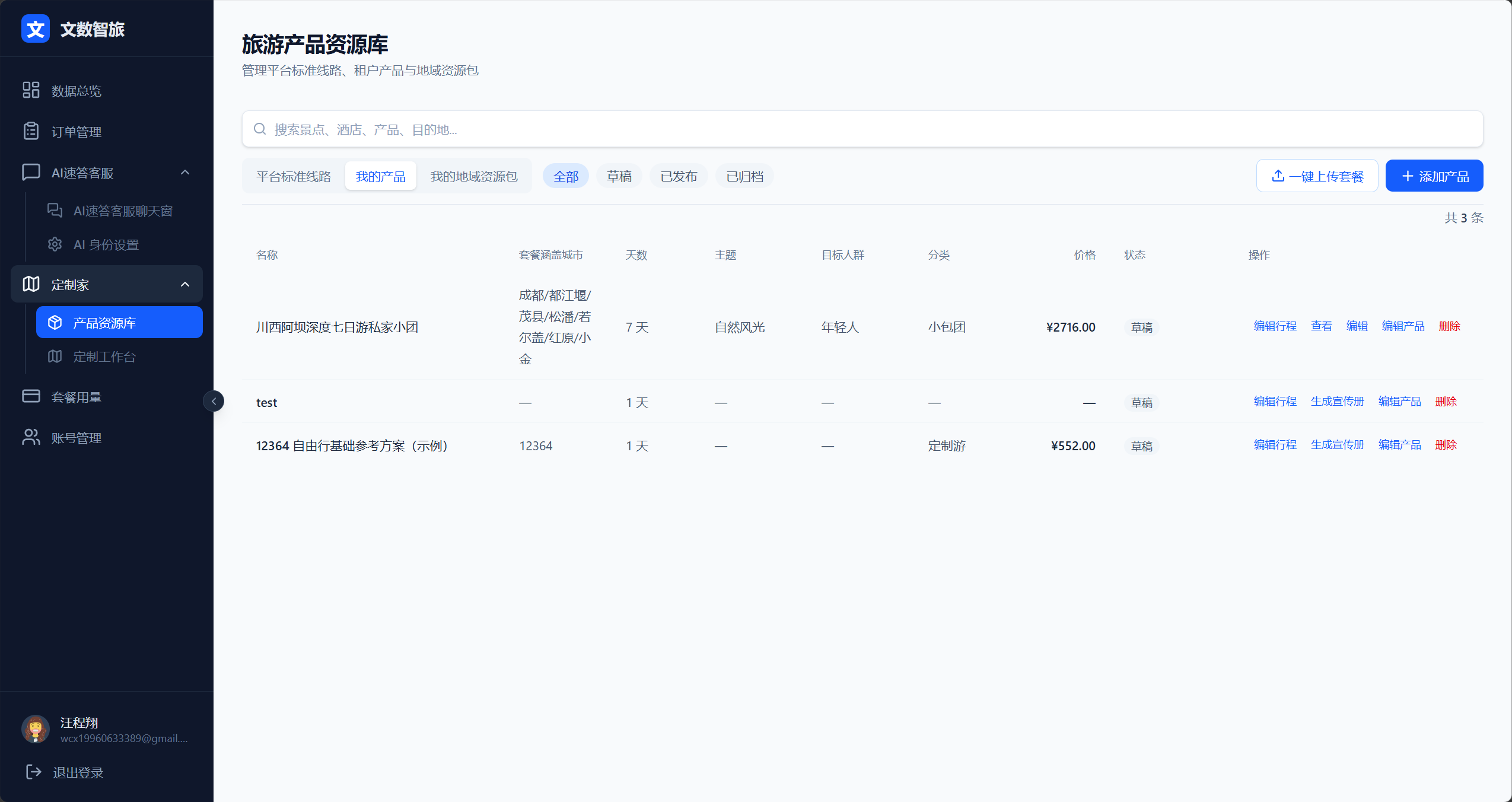 旅游产品资源库 · 管理平台标准线、私户产品与目的地资源包